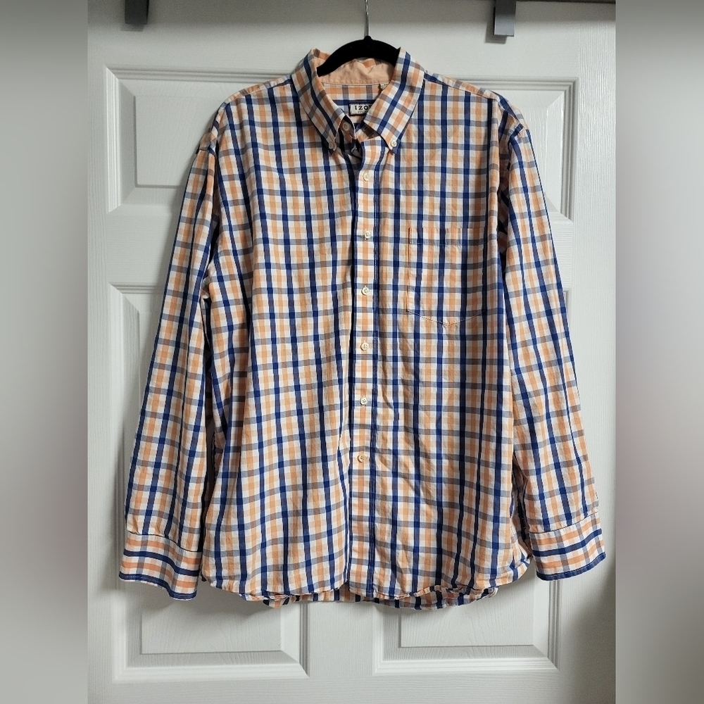 Izod-Men's Blue and Orange Checkered Button Up Shirt- Size XL